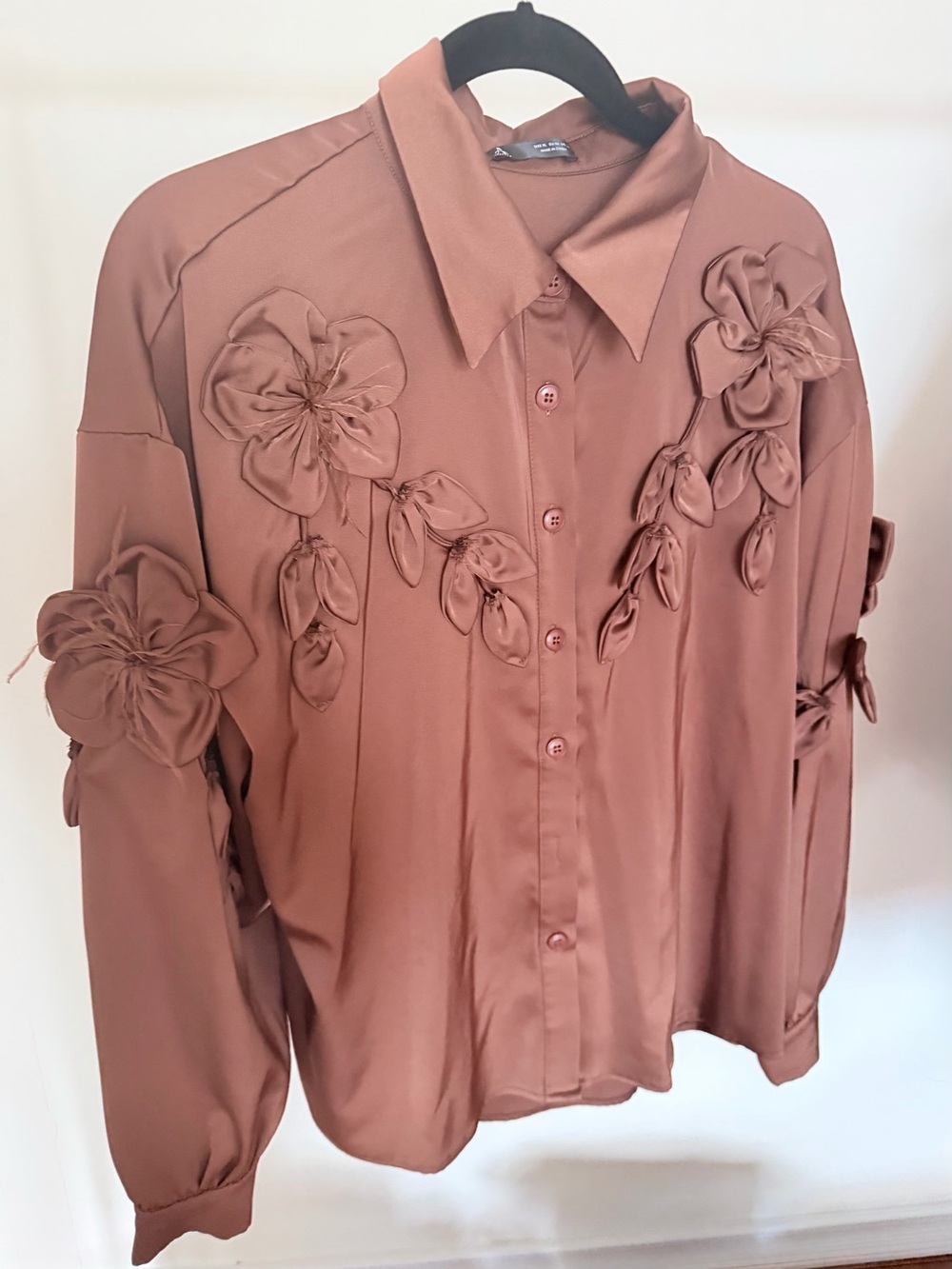 Women's brown silky flowers and feathers Button-Up Blouse